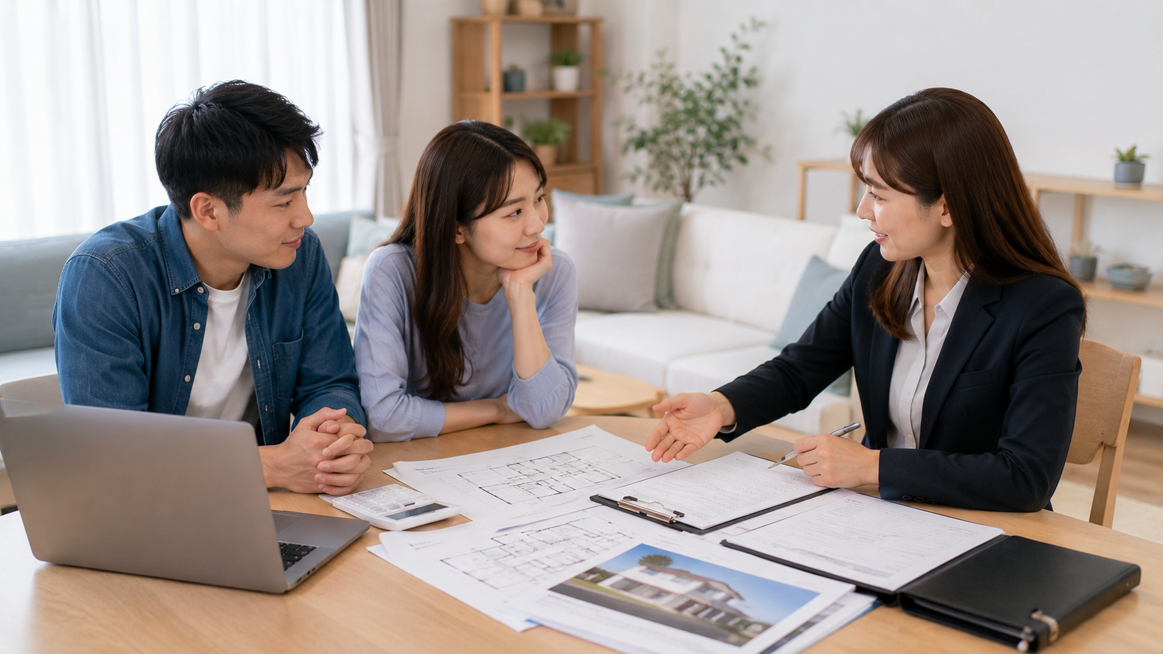 首次購屋家庭與房貸專員討論房貸利率及房貸利息計算方式。