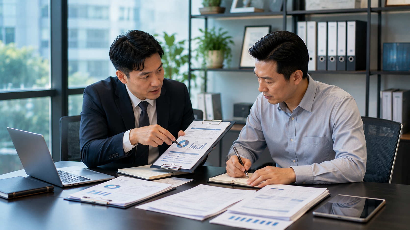 企業主與財務顧問討論資金規劃，降低支票跳票對企業現金流的影響。