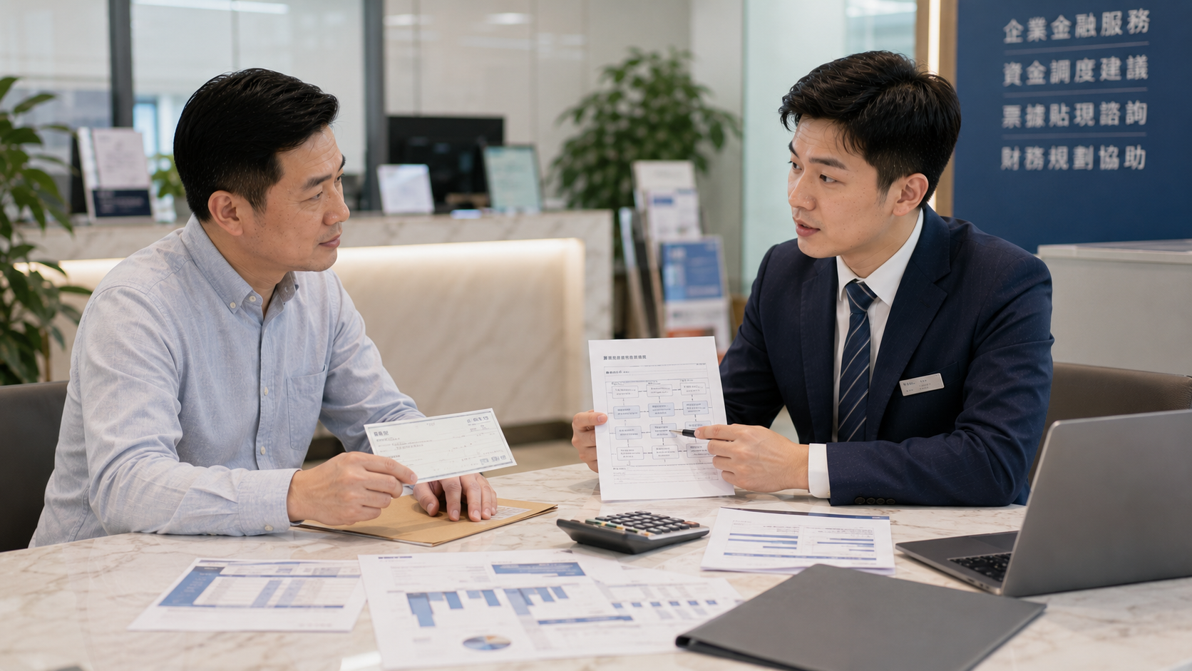 銀行專員向企業主說明銀行票貼利息計算方式與票據貼現流程