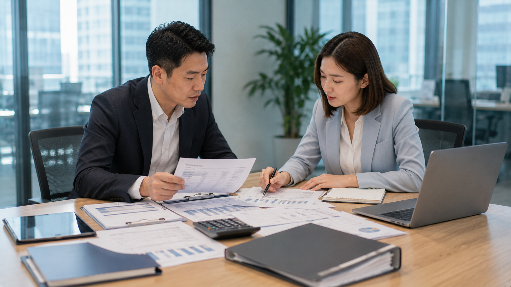 企業負責人與融資顧問討論中小企業貸款補助、銀行貸款及企業資金規劃方案。