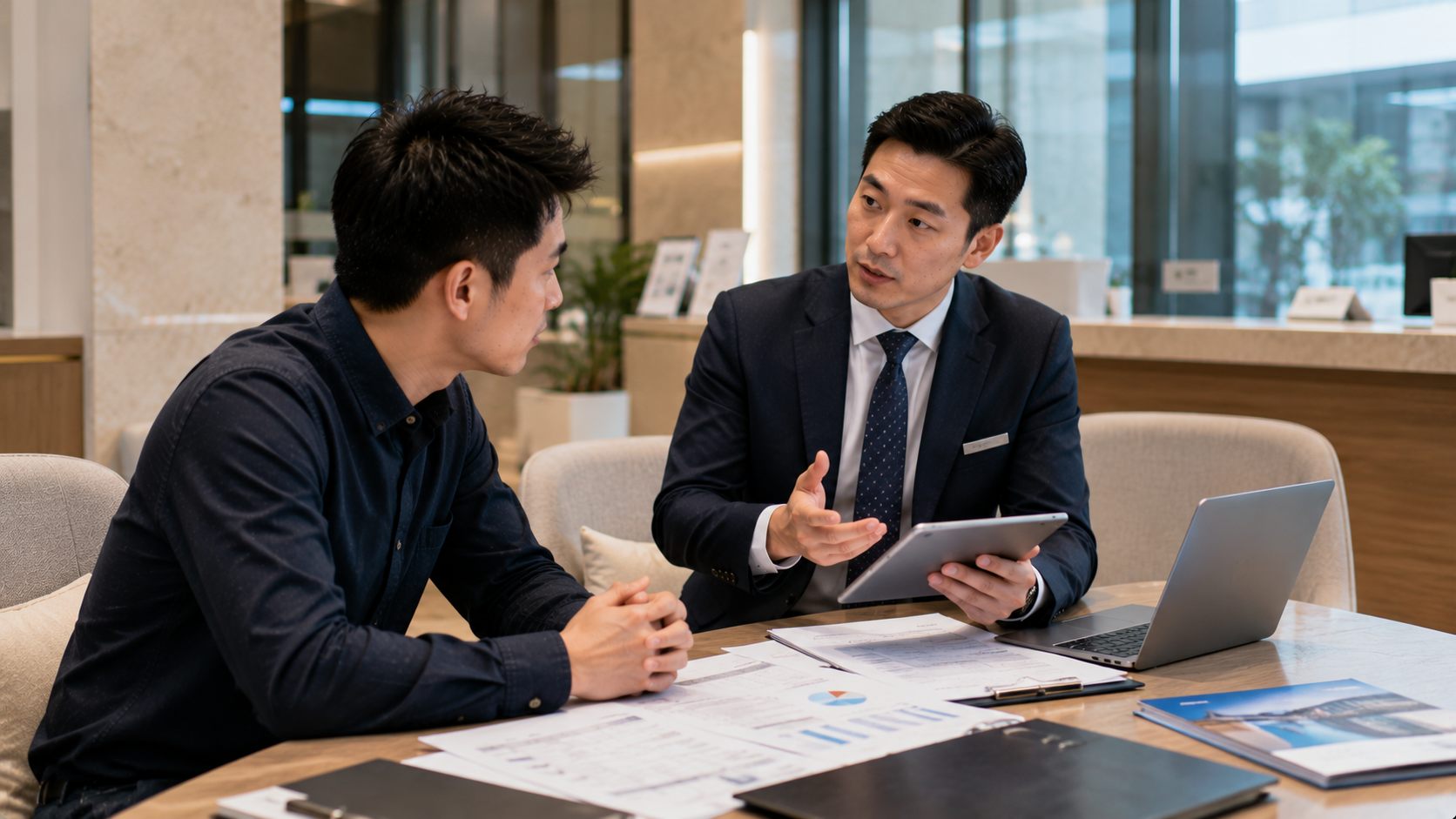 企業主比較支票貼現方案並與財務顧問討論資金規劃。
