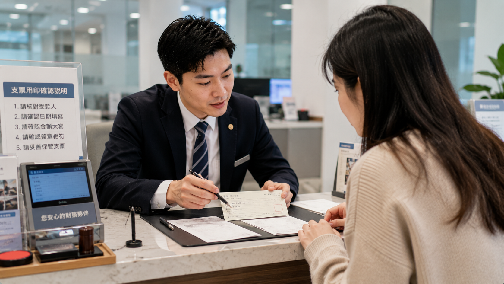 銀行人員向民眾說明現金支票開立流程與各欄位填寫方式