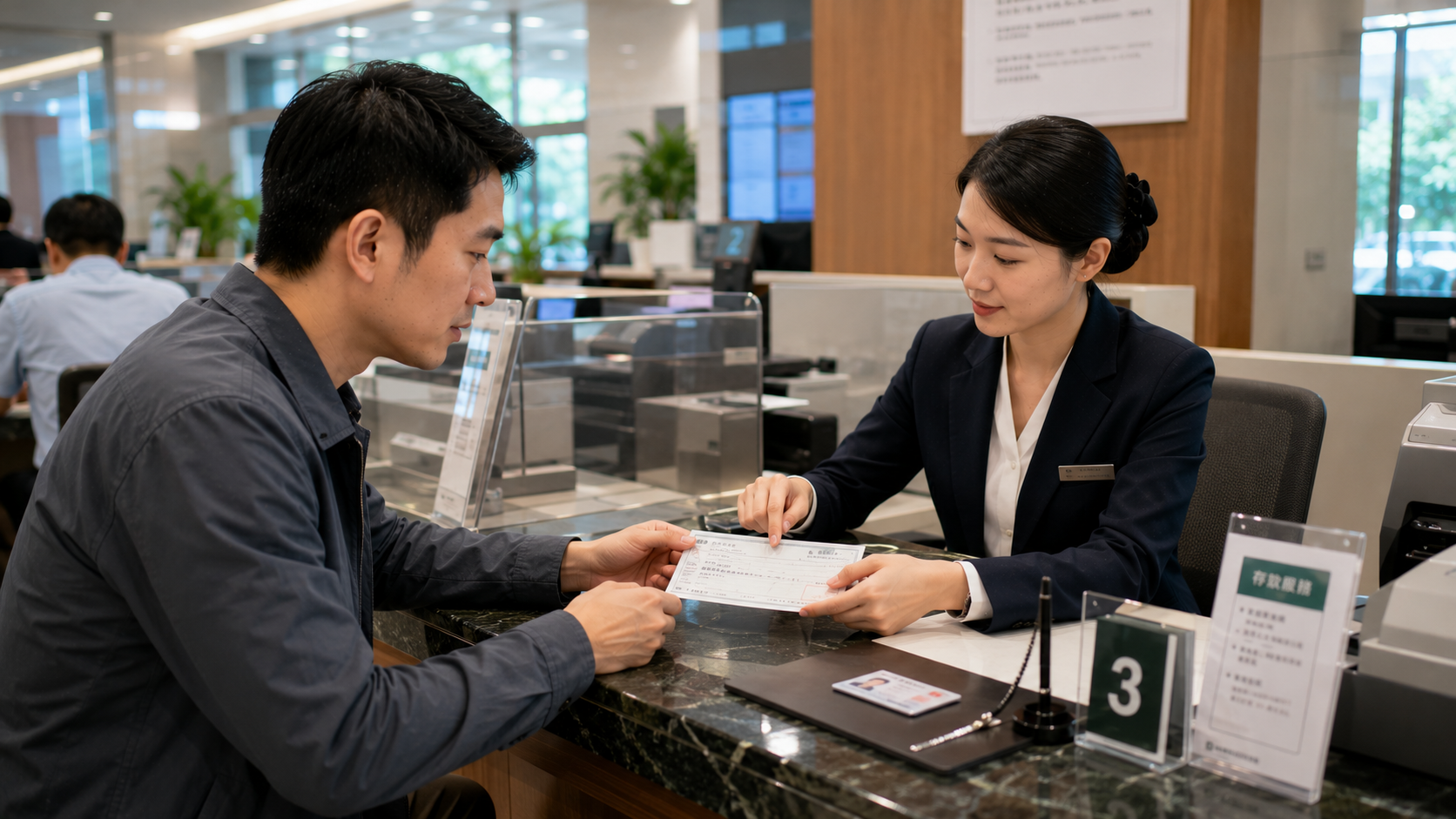 民眾於銀行櫃檯辦理現金支票兌現流程，銀行人員協助確認票據內容。
