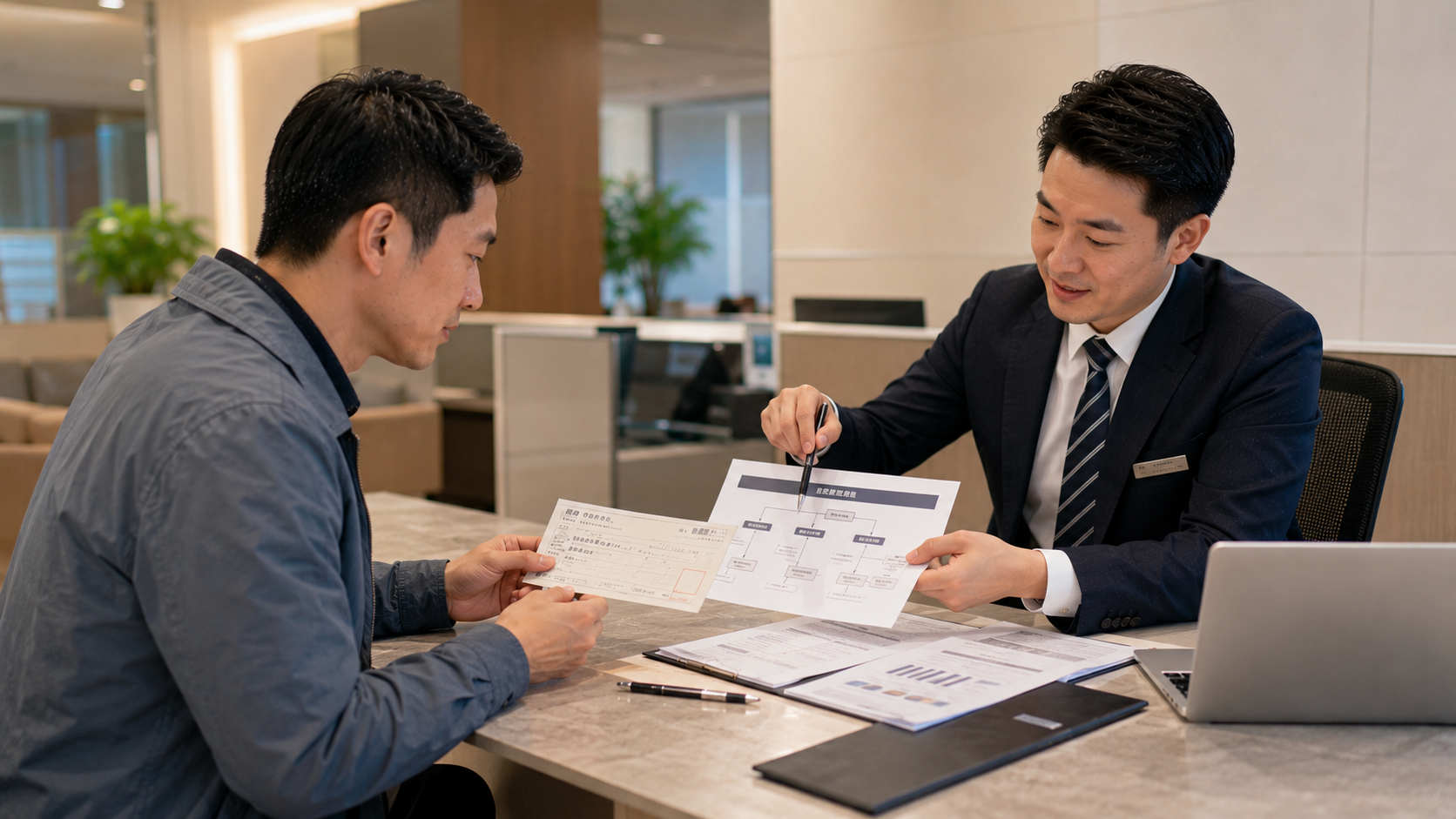 企業負責人向銀行諮詢銀行票貼借款流程與支票貼現申請情境。