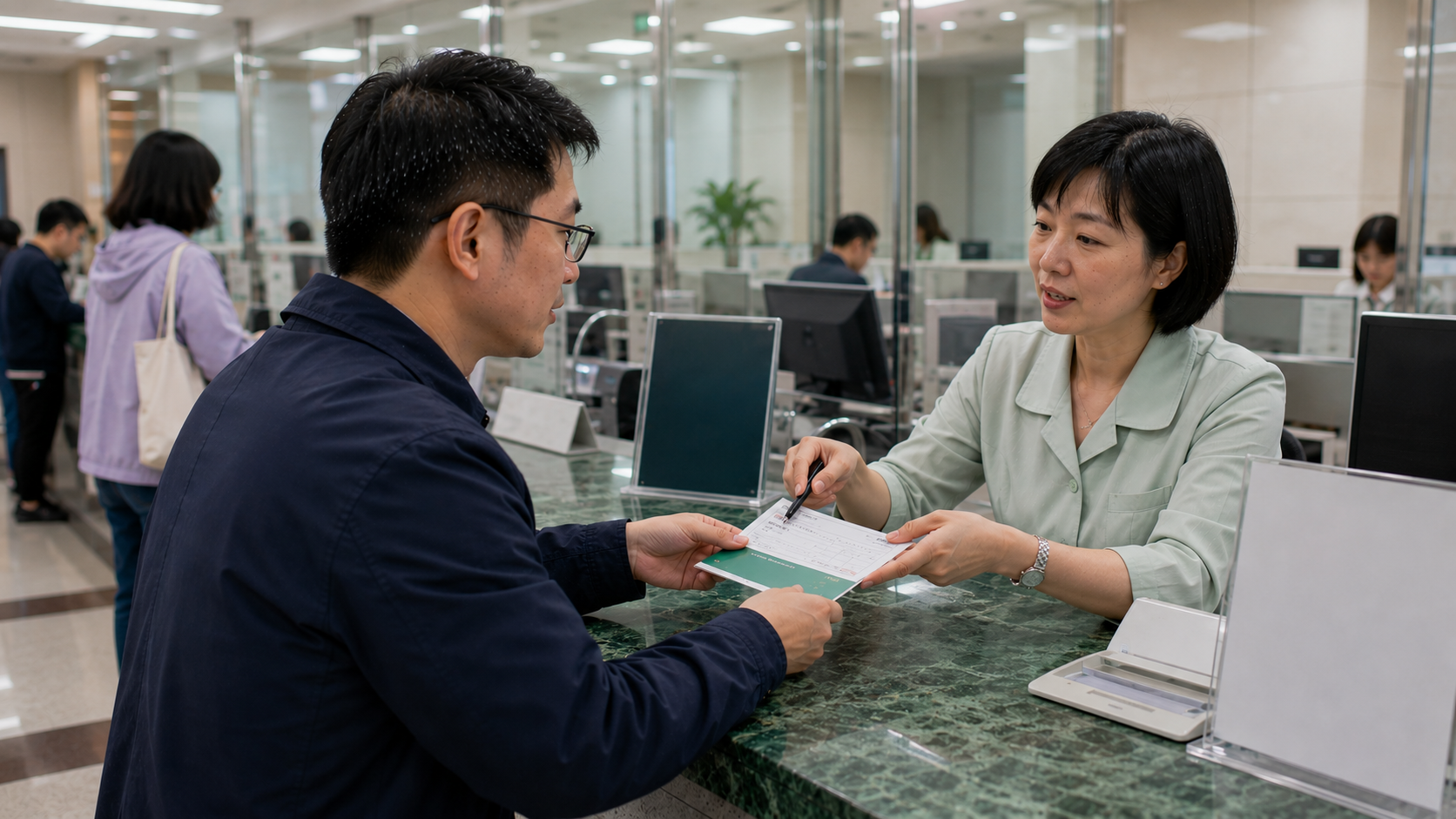 郵局人員協助民眾確認支票、身分證件與支票存入流程示意