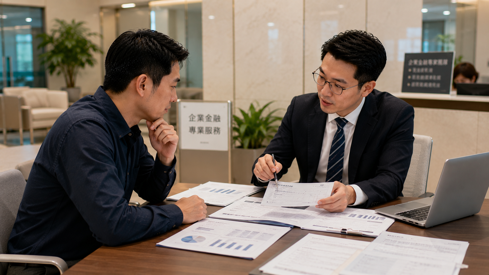 企業主與金融顧問討論利率變動及企業資金規劃情境圖