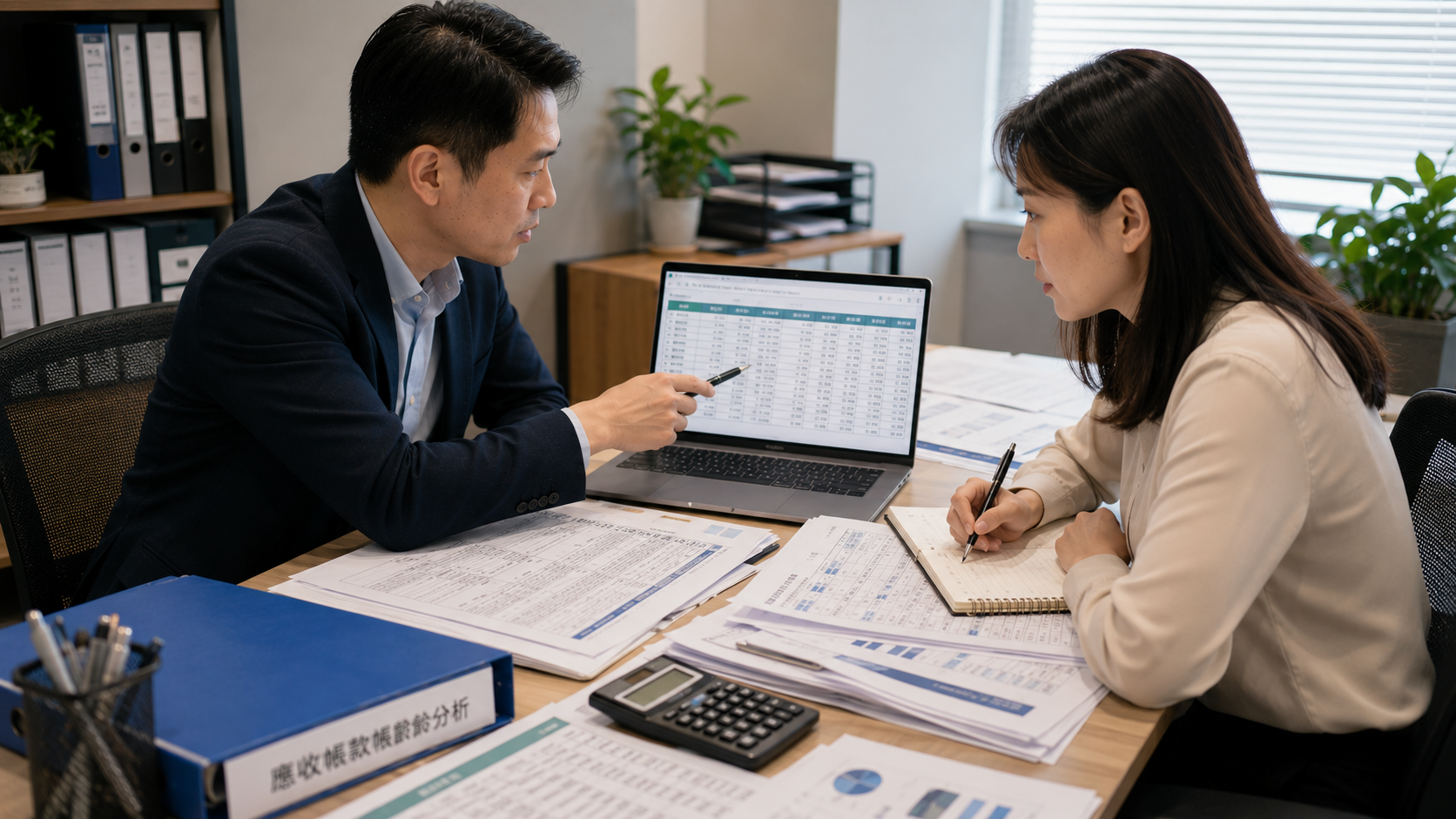 企業財務團隊建立帳齡分析表並討論應收帳款收款策略與現金流管理。