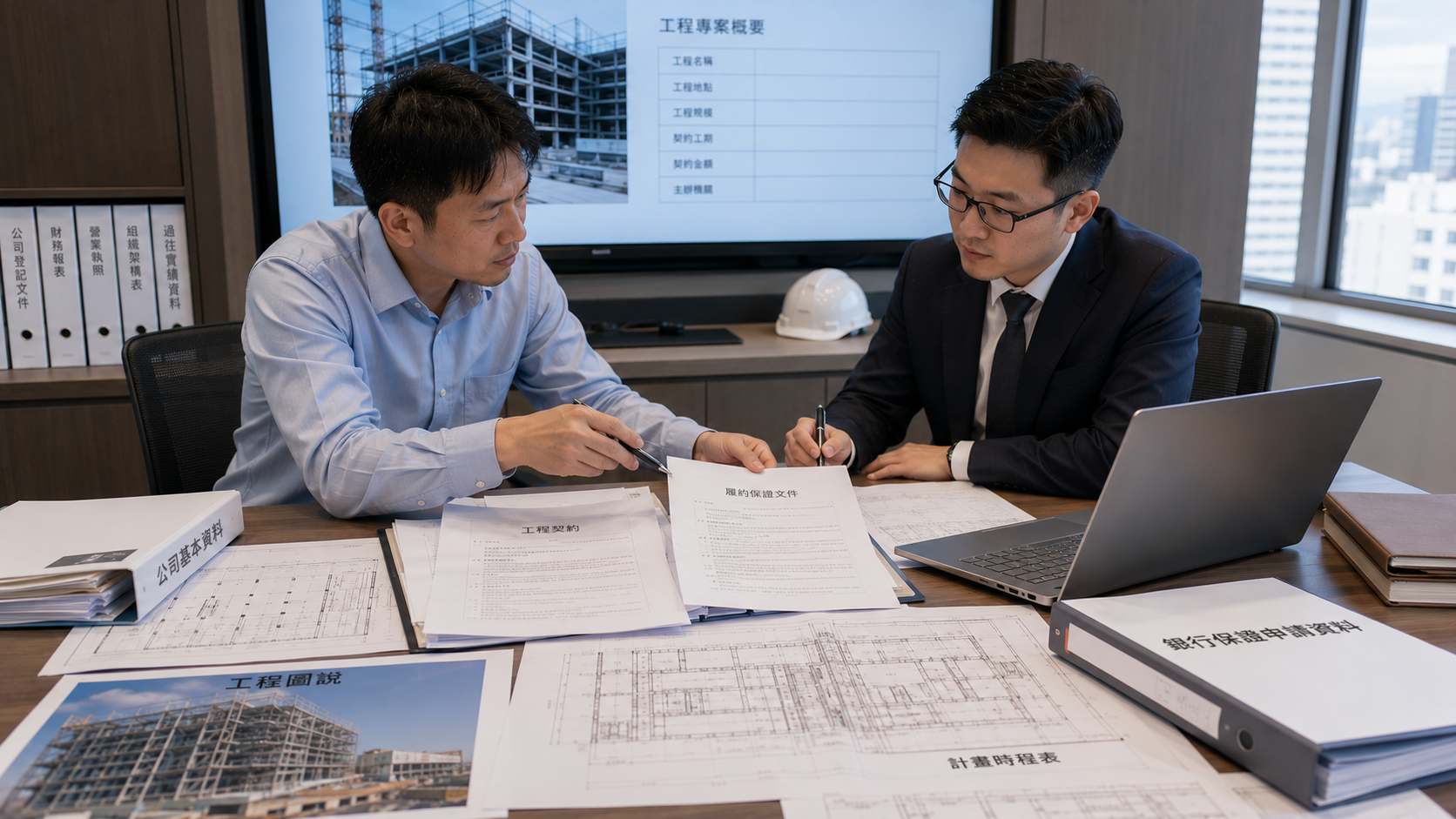 工程承攬公司與銀行授信專員確認履約保證申請文件情境