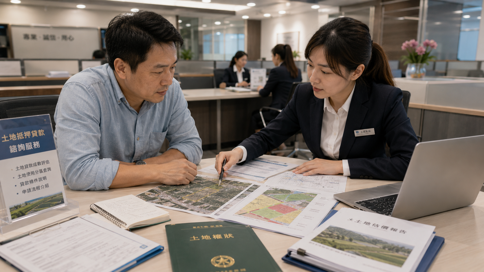 土地所有權人與金融專員討論土地抵押貸款成數及土地估價流程