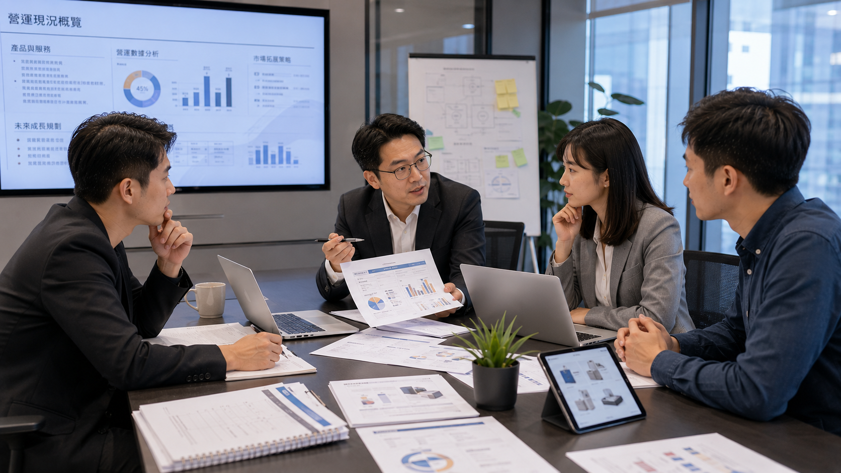 創投顧問與新創團隊討論募資策略及企業成長規劃情境。