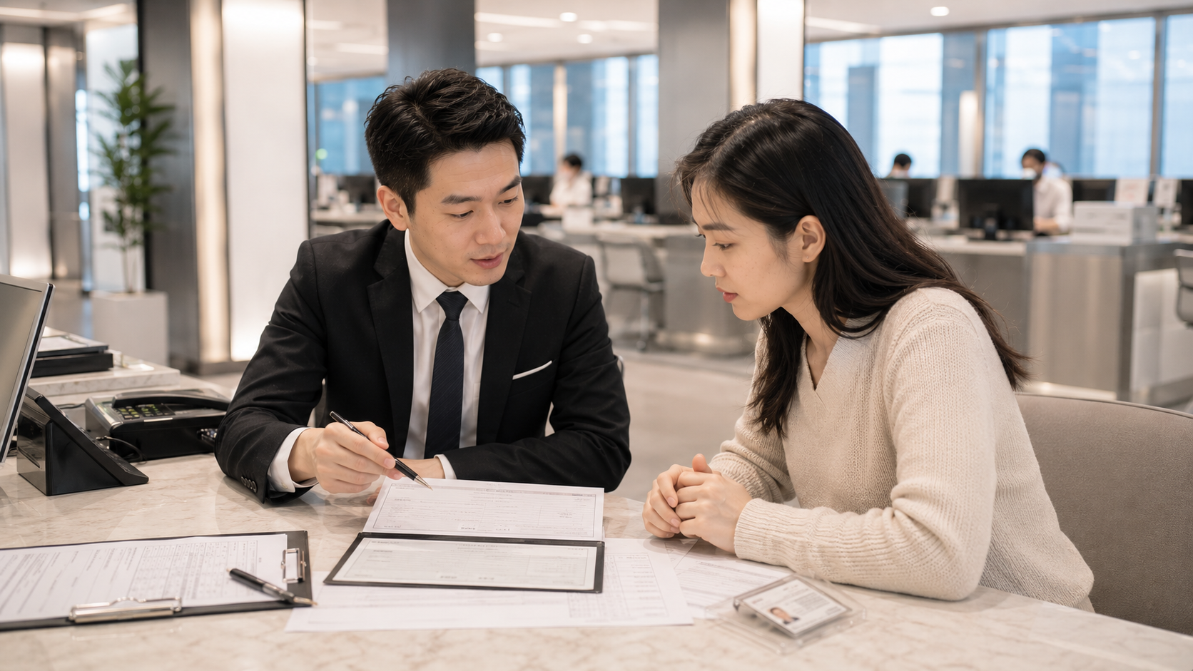 銀行專員向民眾說明銀行本票與本行支票差異及適用情境。