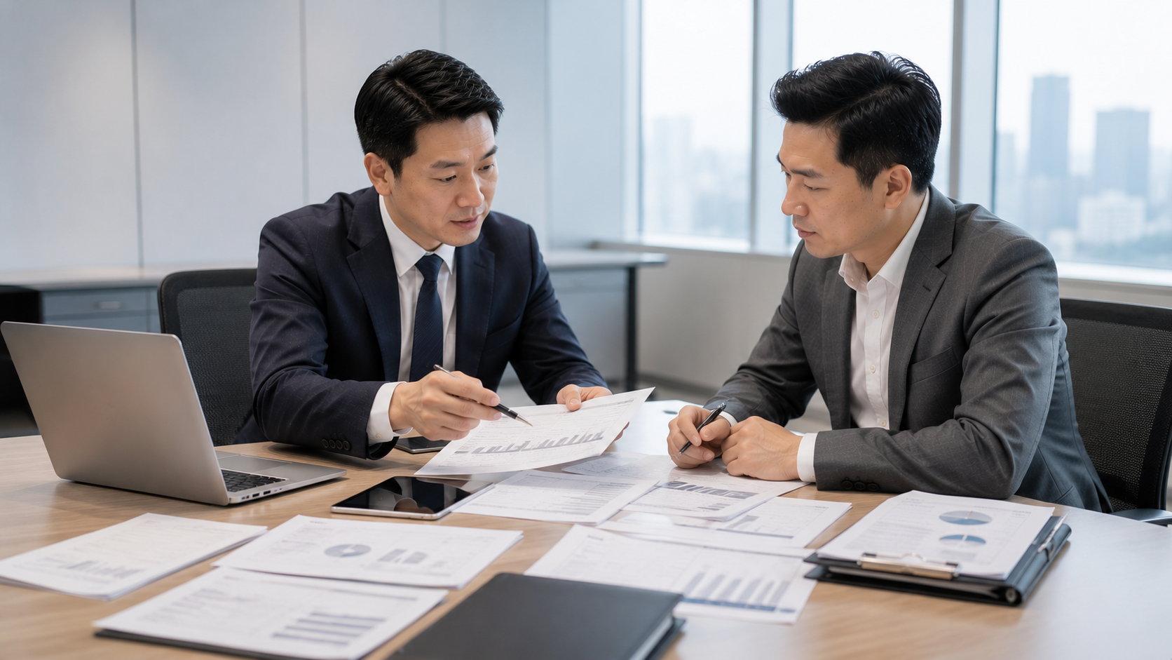 企業主與財務顧問討論銀行本票使用及企業資金規劃。