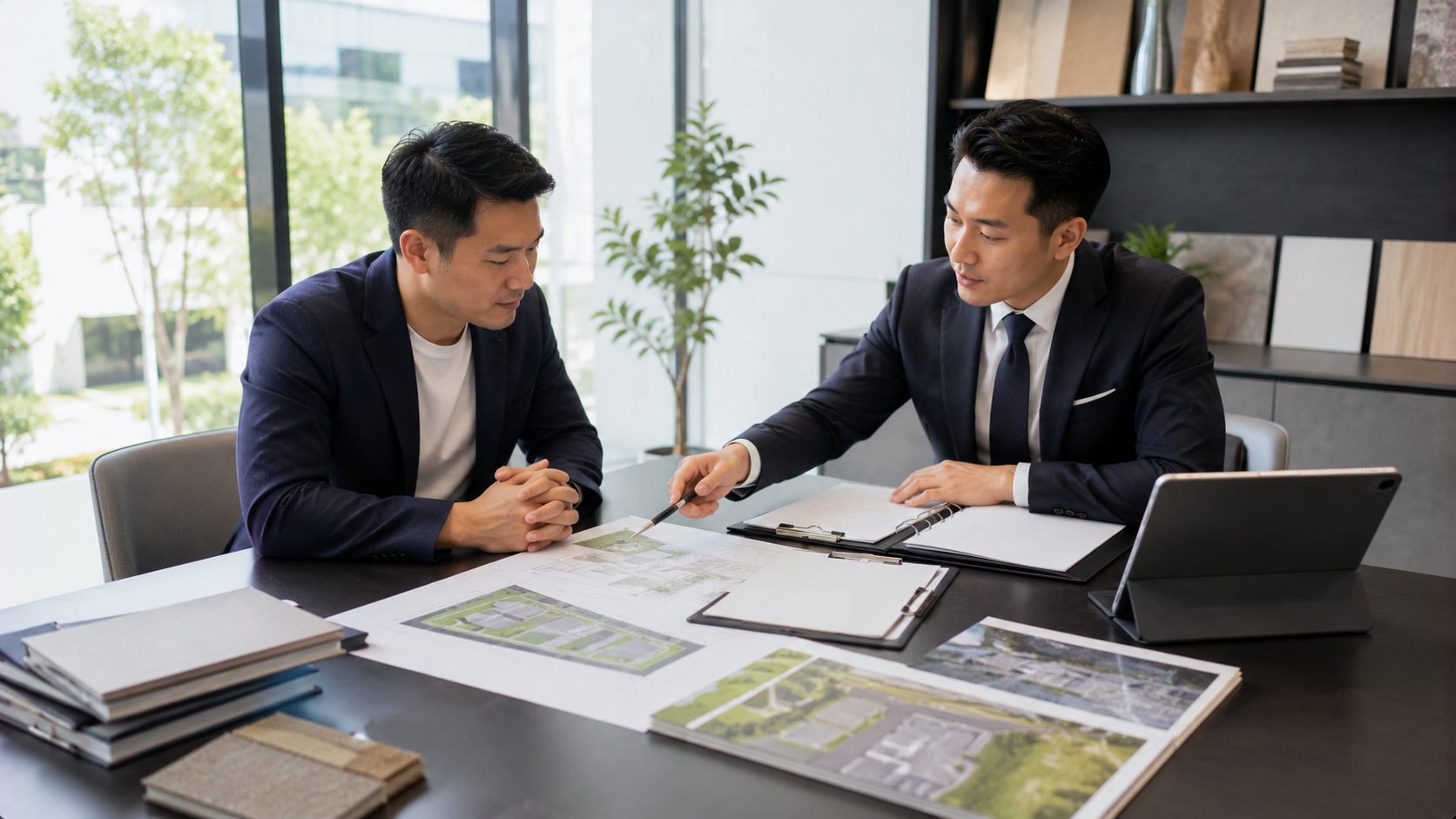 企業主與金融顧問共同規劃建地貸款及後續資金安排。