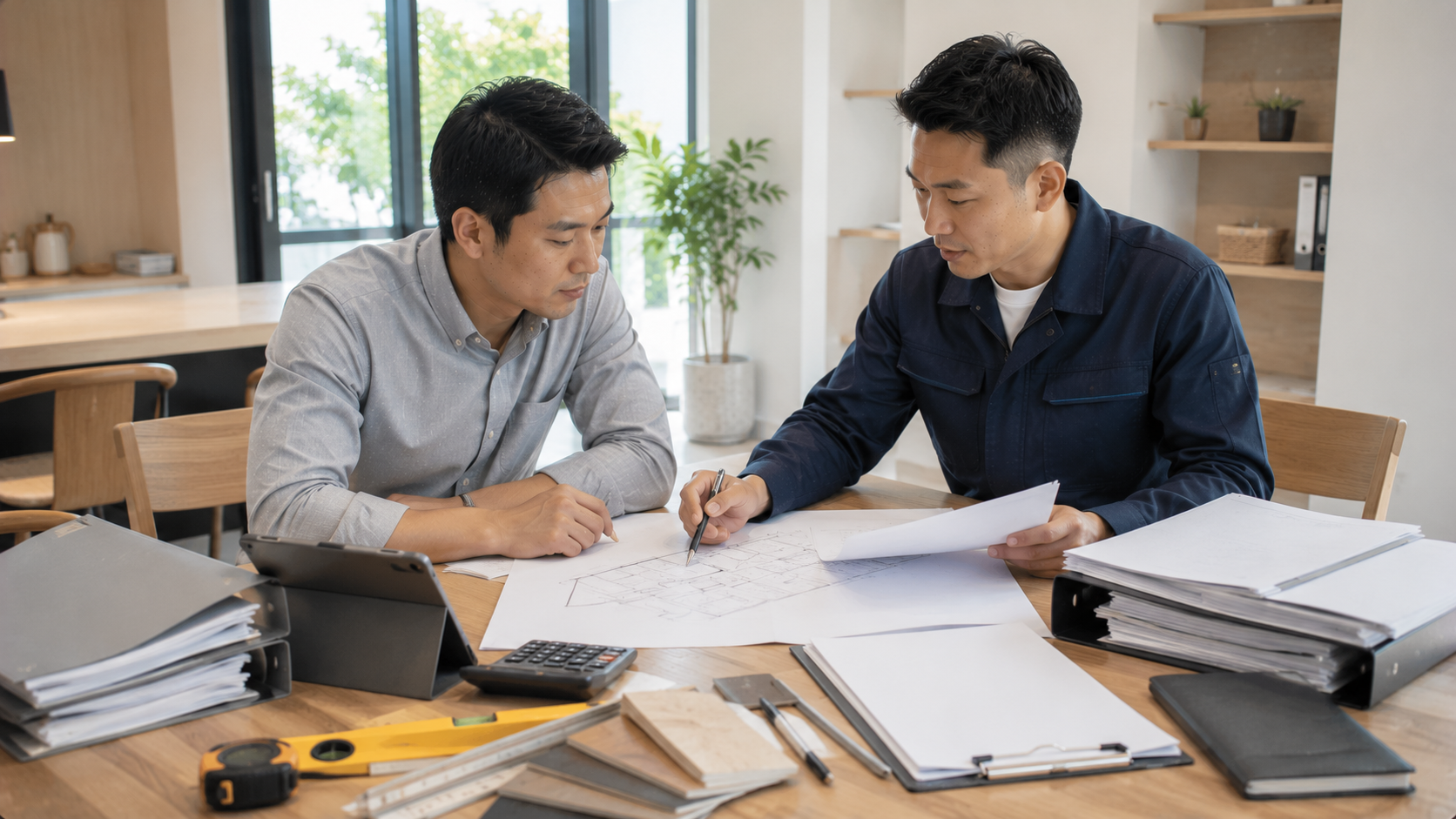 工程交易前雙方確認合約、報價單與施工文件，示意保存完整交易紀錄的重要性。