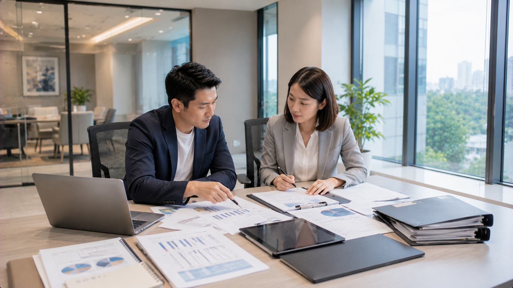 企業主與財務主管討論資金規劃及融資方案，降低保證責任對未來貸款的影響。