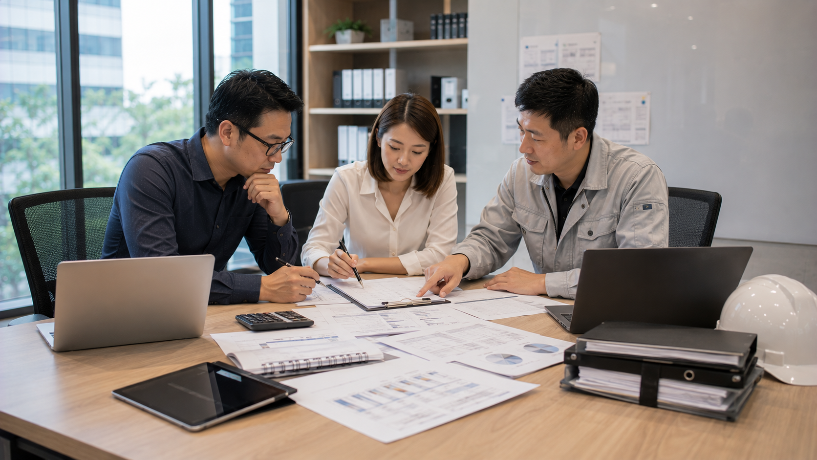 工程公司主管與會計團隊檢查工程收入認列及月結財務流程。