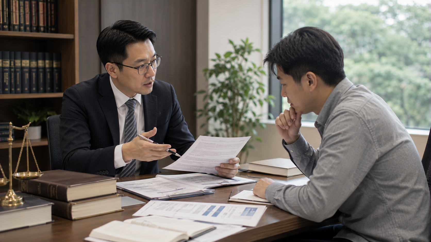 民眾與法律專業人士討論債務清算條件、更生清算條件及法院申請程序，整理財務文件與債務資料。