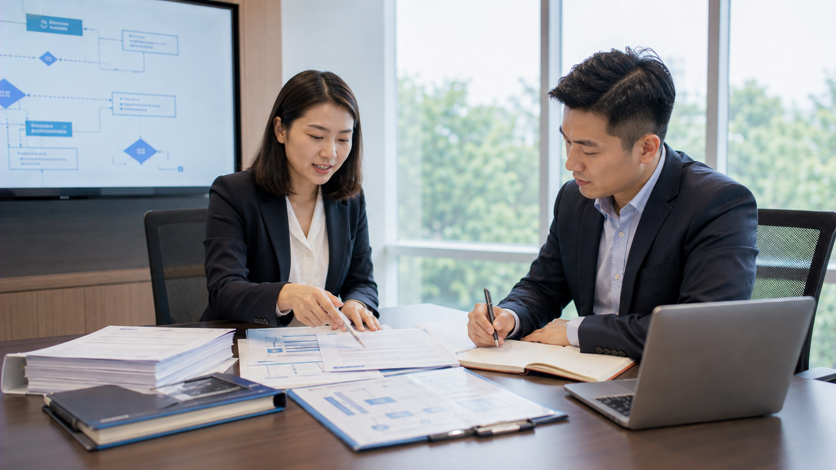 政府採購承辦人向企業代表說明查核採購金額、投標資格及法規重點，協助企業理解政府標案制度。