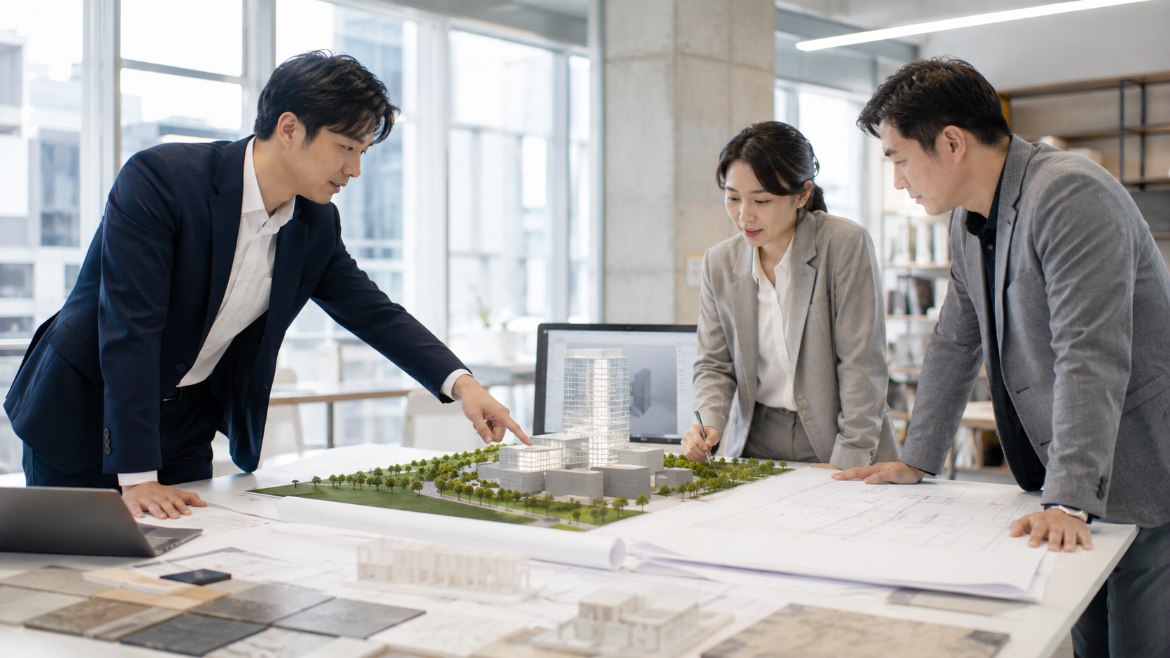建築開發團隊在基地模型前比較土地融資與建築融資用途及工程階段