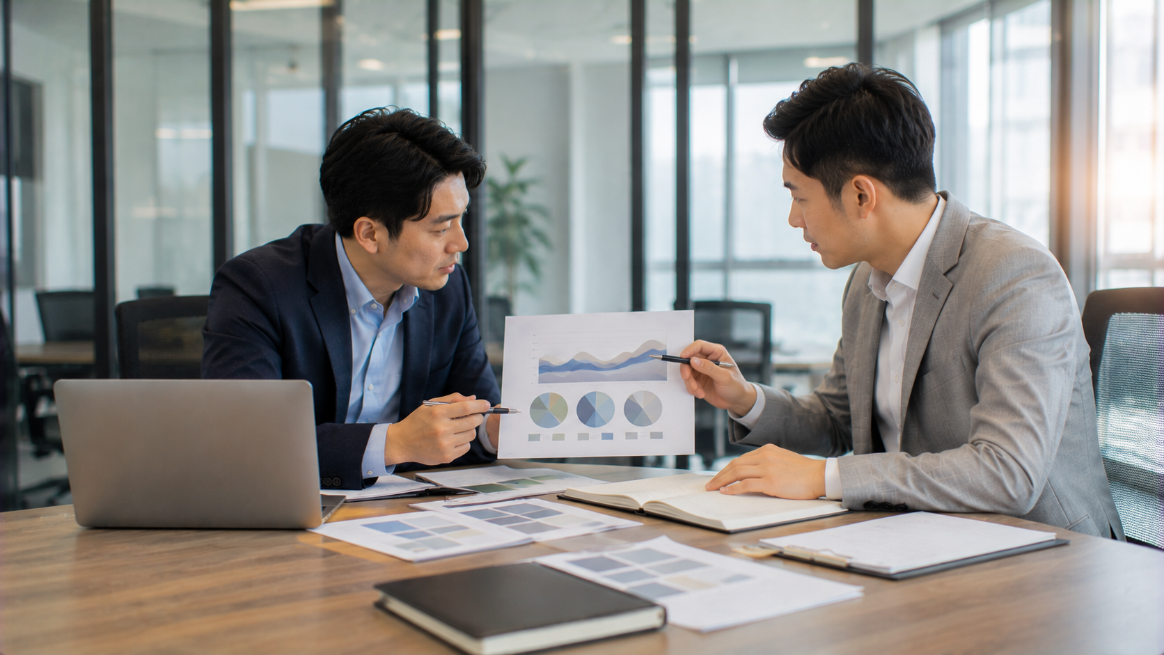 亞洲企業經營者與財務顧問討論資金規劃、投資決策及企業融資安排。