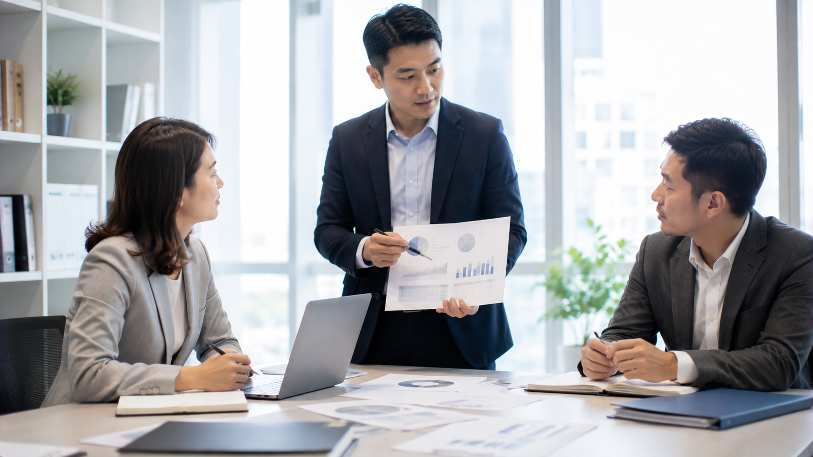 企業財務主管在會議室分析權益比率、負債權益比率與企業資本結構,協助理解各項財務比率差異。