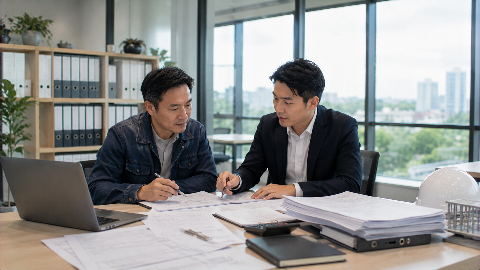 工程行負責人與會計專業人員共同檢查營業稅申報流程及帳務資料，確認報稅內容正確。
