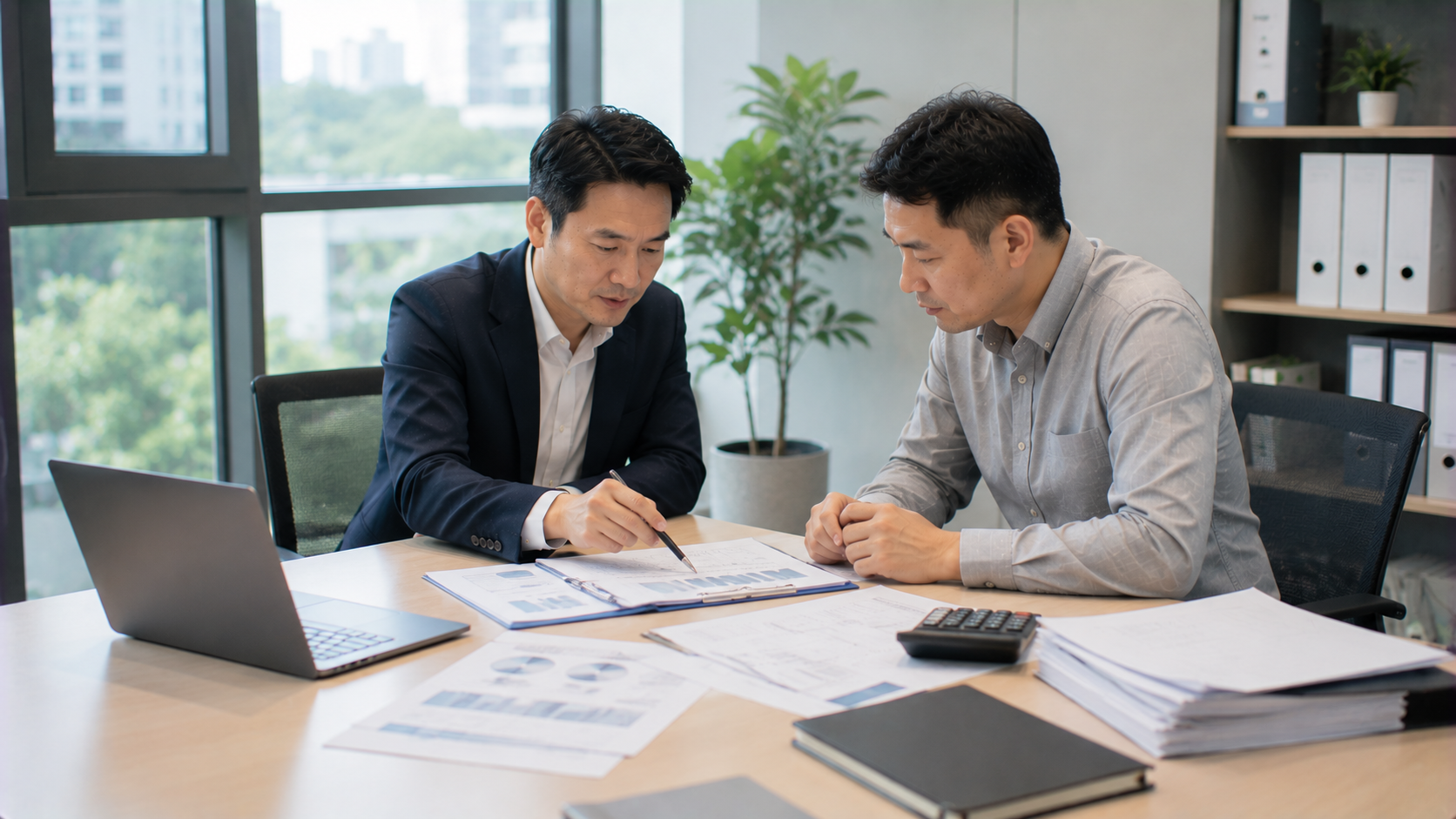亞洲企業主與金融顧問討論貸款提前結清試算、現金流配置及後續資金規劃。