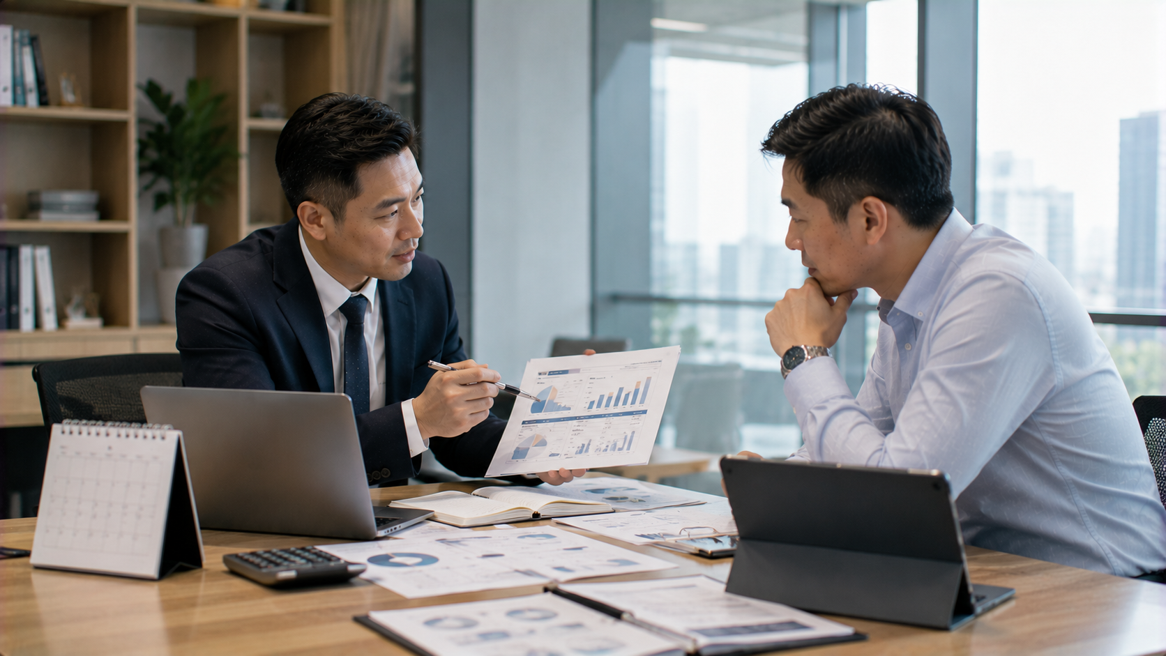 企業主與金融顧問討論循環貸款還款規劃及資金配置，建立健康的現金流管理方式。