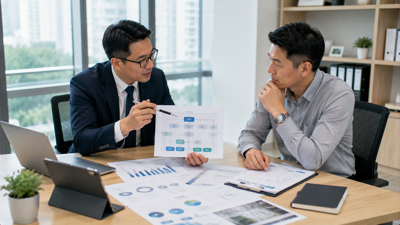 企業主管與金融顧問討論結構化融資架構及企業資金規劃