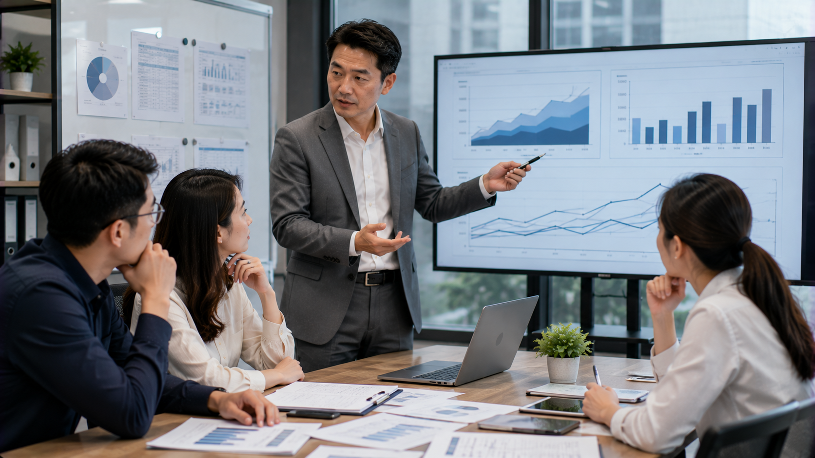 企業管理者向團隊說明營運槓桿與固定成本如何影響獲利成長的情境。
