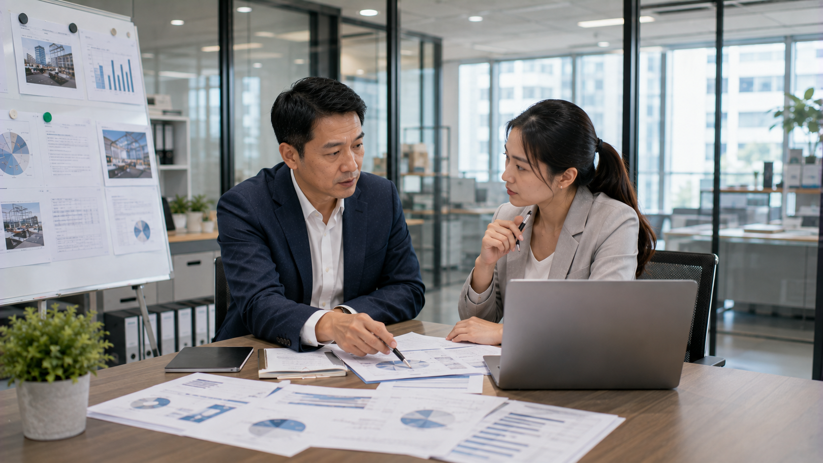 企業經營團隊與財務顧問共同討論融資規劃與營運槓桿策略的工作情境。