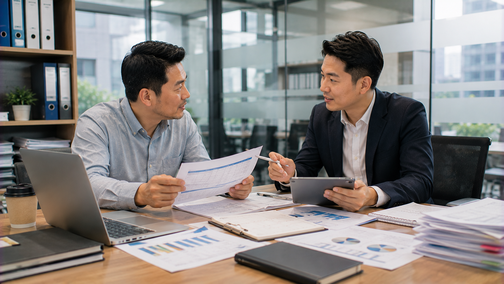 企業主與財務顧問討論短期資金需求、營運週轉與企業融資規劃