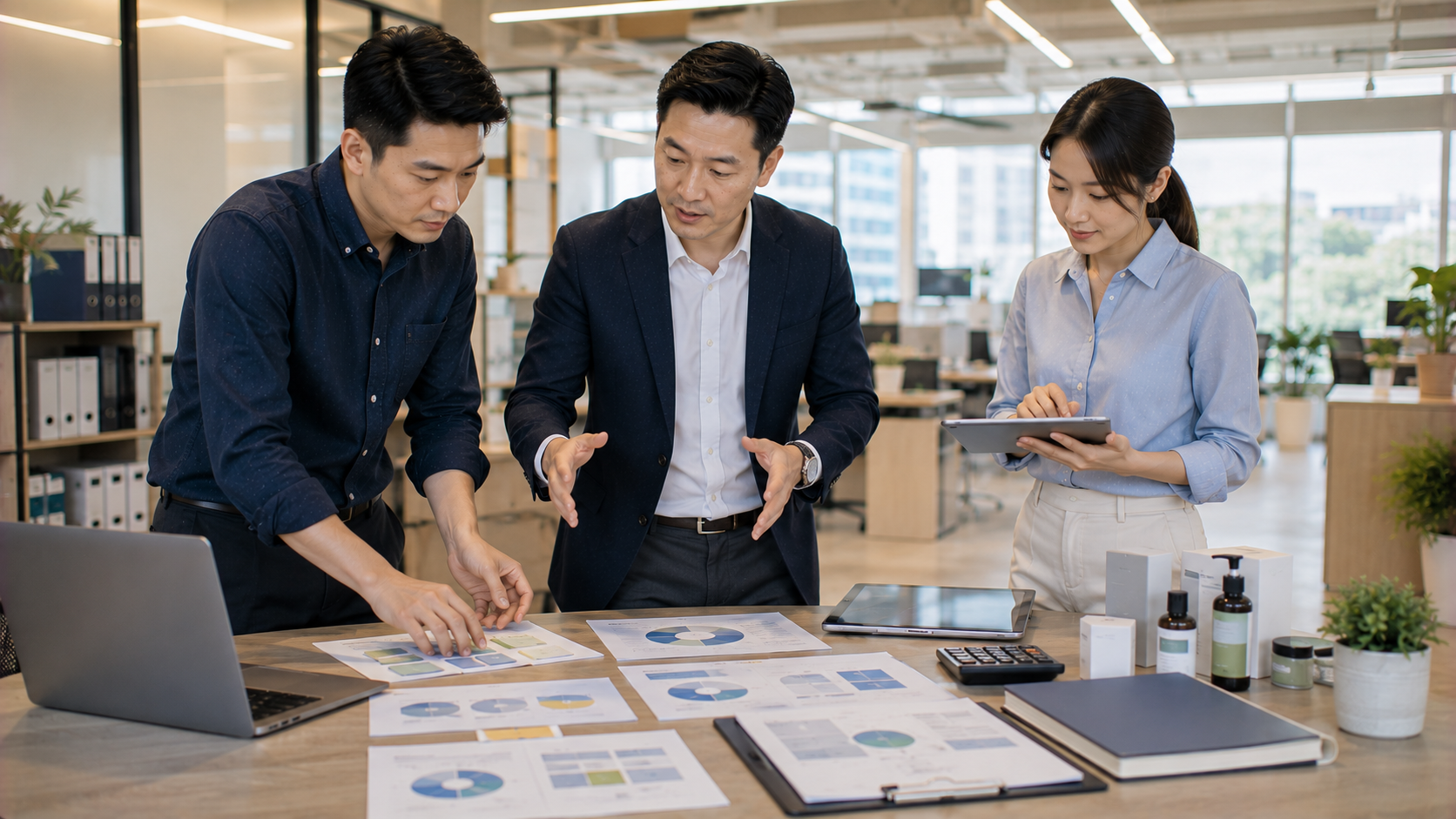 亞洲企業經營者與財務顧問在辦公室分析企業現金流與不同資金方案，呈現借款前先評估還款能力與融資選擇
