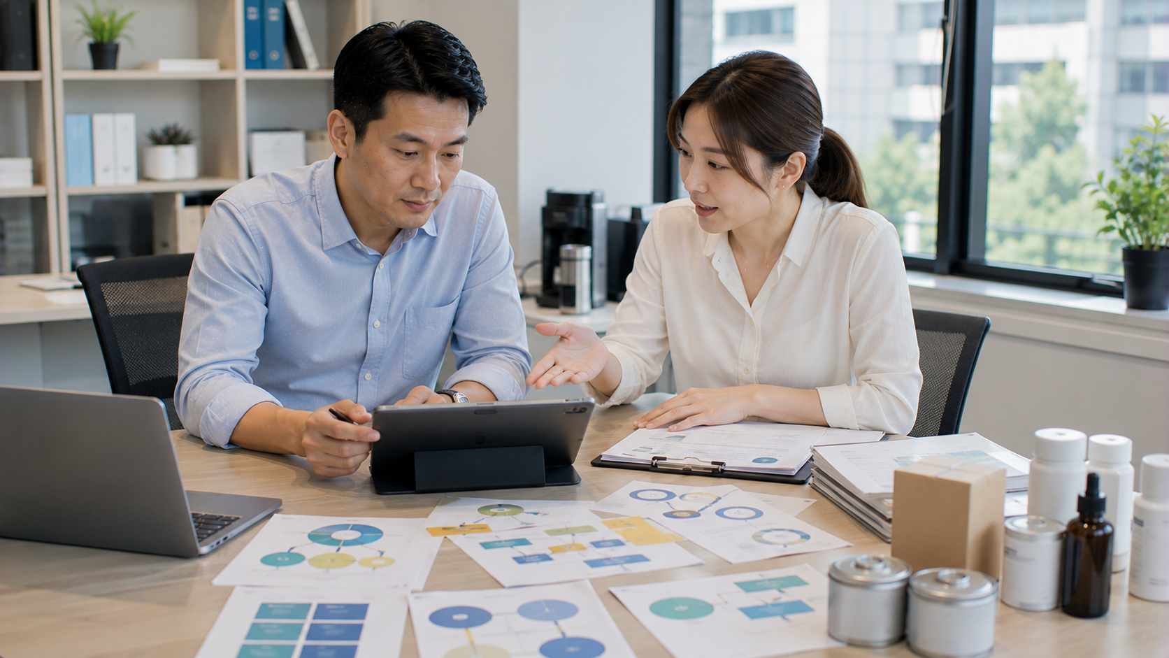 台灣中小企業經營者在辦公室與財務人員檢視存貨、訂單與營運資料，理解流動資產週轉率如何反映企業資產運用效率。