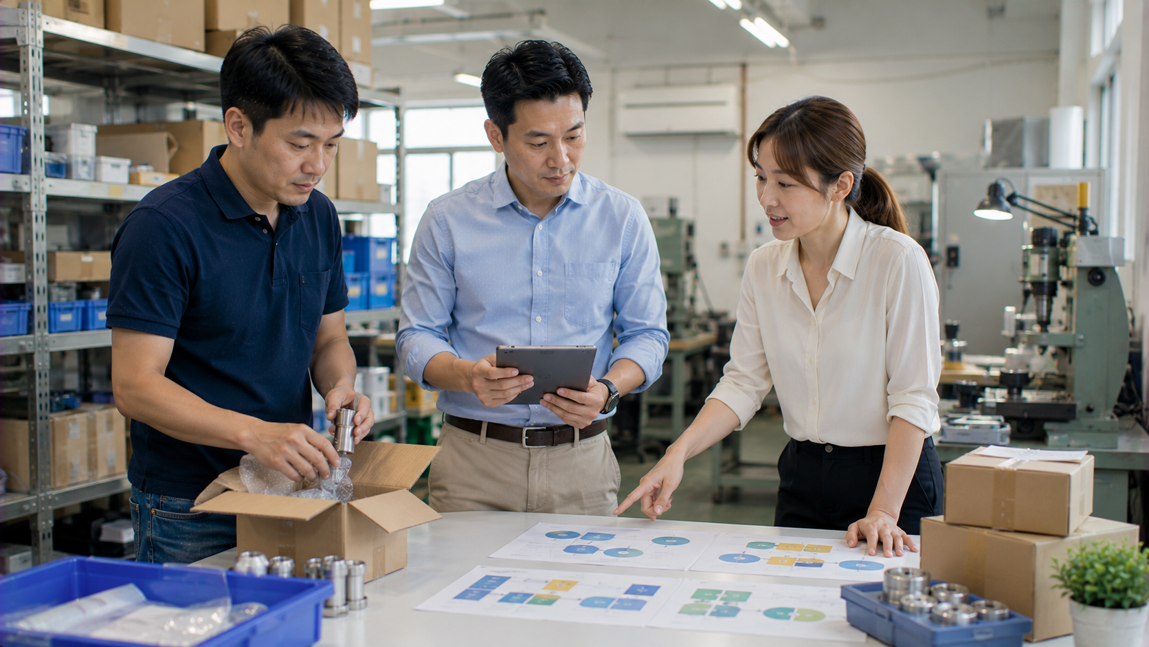 台灣中小企業團隊在營運現場盤點訂單、生產與資金需求，依流動資產週轉率與實際營運週期討論後續資金調度方案。