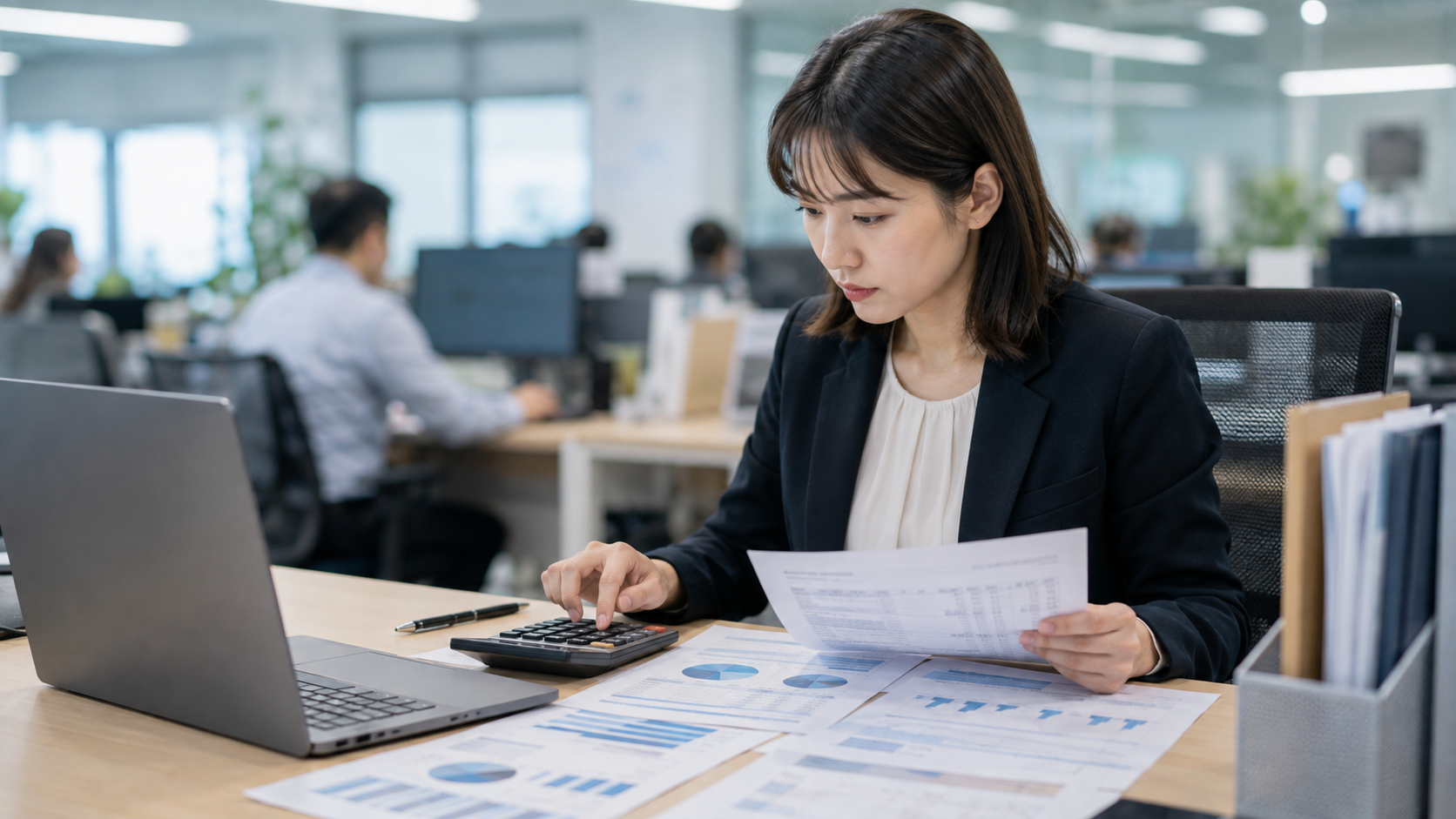 台灣企業財務主管分析營收、成本、費用與純益率關係的商務工作情境