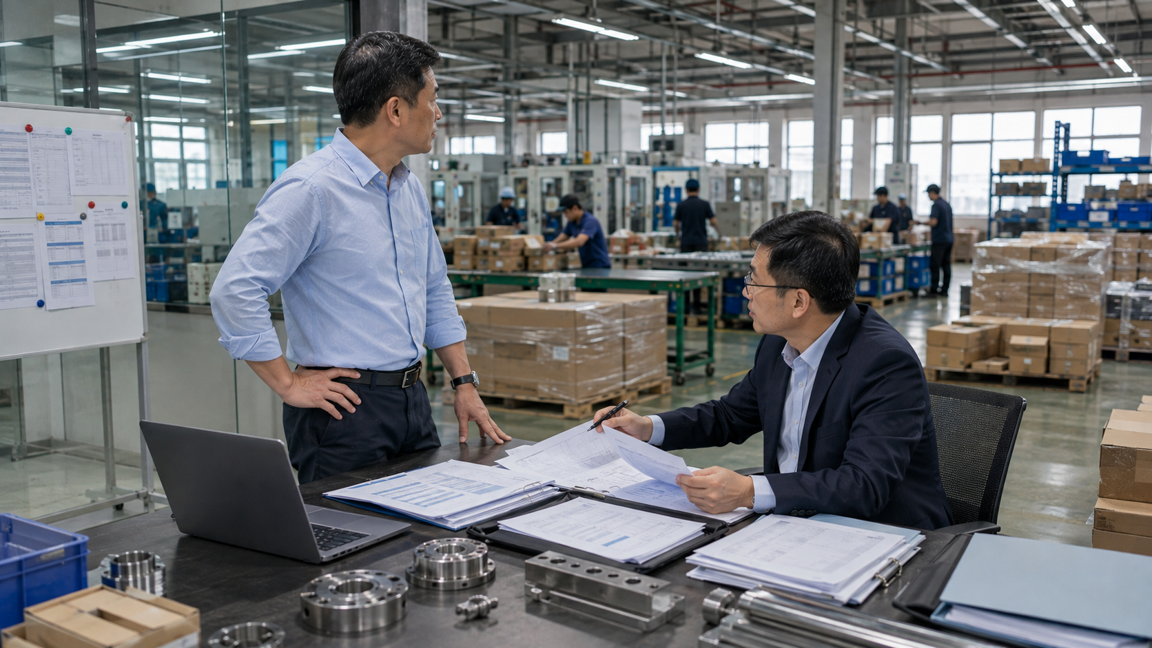 台灣中小企業負責人與財務顧問檢視應收帳款及營運資料,評估帳款回收期間的企業資金需求