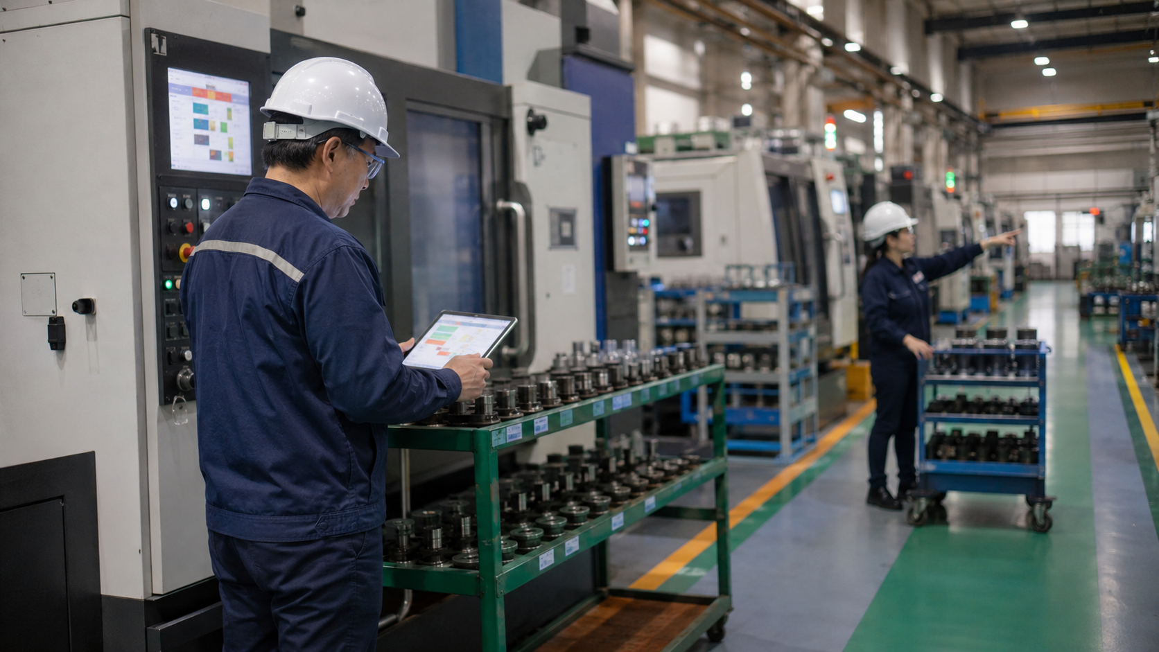 台灣製造現場生產主管站在設備旁使用平板核對生產排程、物料準備與現場流程