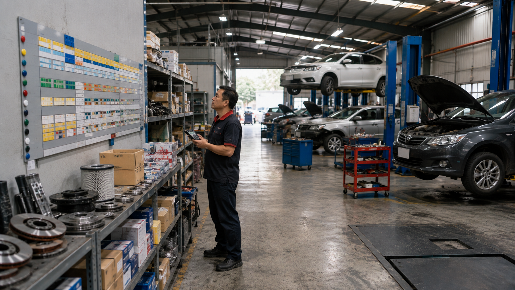 台灣汽車維修廠男性店長在零件架與維修車位間盤點零件採購、薪資及客戶交車節奏