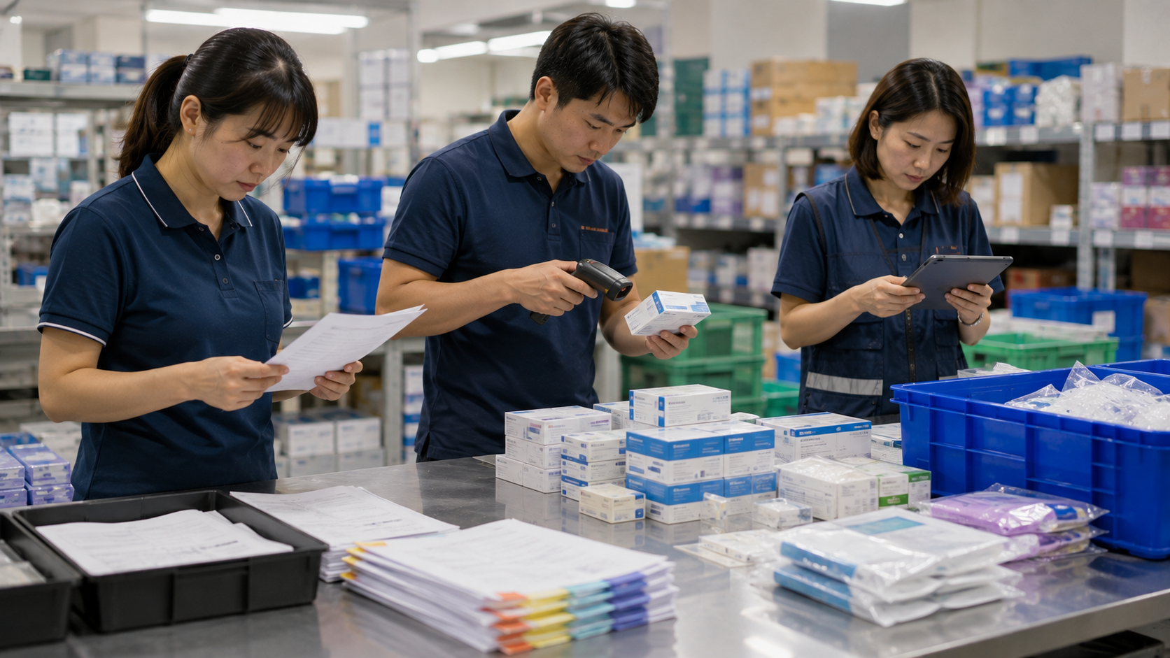 台灣醫療用品批發公司三名不同部門人員在分貨長桌旁整併紙本訂單、掃描資料與平板資訊，呈現數位轉型第一階段資料數位化。