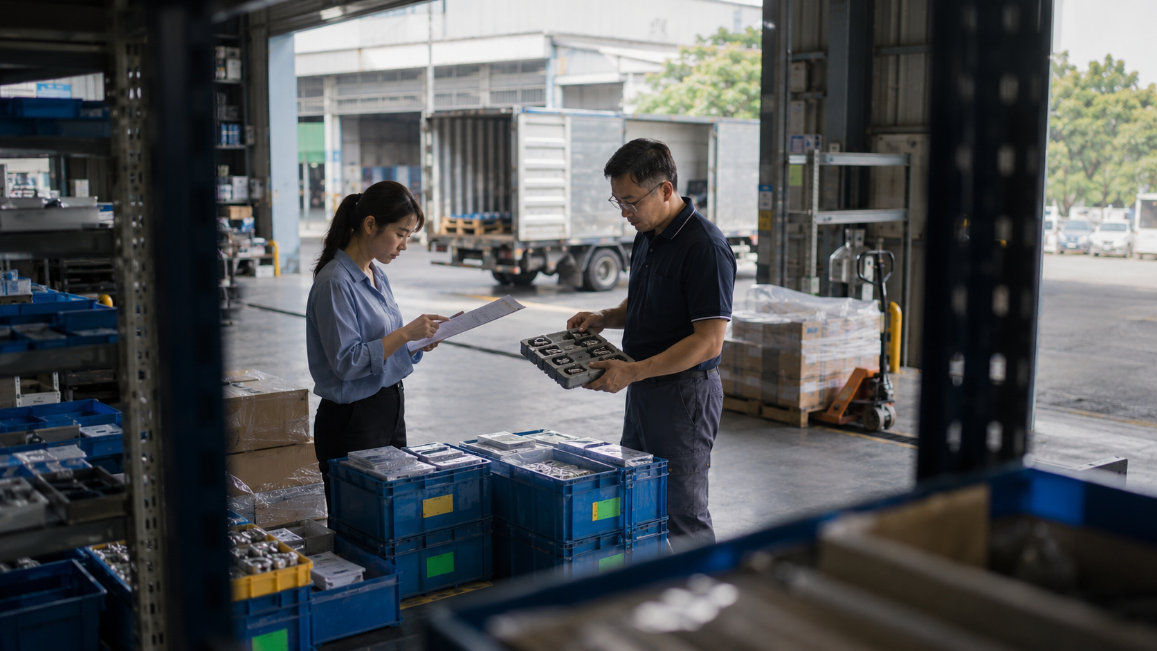 台灣精密金屬零件供應商帳務專員與品保人員在出貨月台核對交貨憑證、產品批次及買方驗收狀態，確認應收帳款受讓前的交易文件。