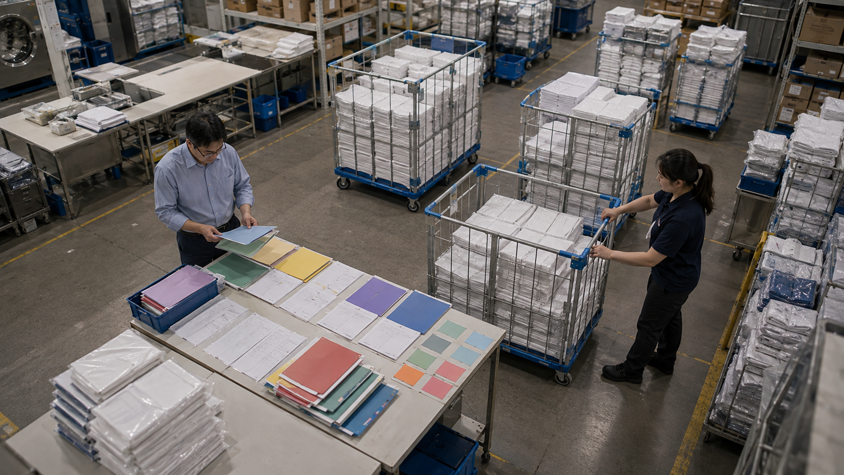 台灣商用洗衣布品供應商財務主管與物流領班依不同客戶資料夾和封裝布品推車整理帳款分組與買方額度資料。