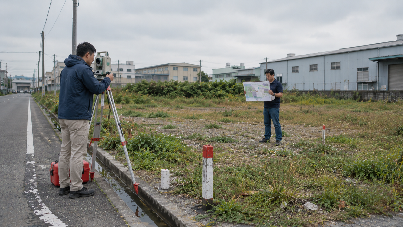 台灣郊區建地貸款評估，土地測量人員與小型製造業主確認土地臨路寬度、界址及地形條件。