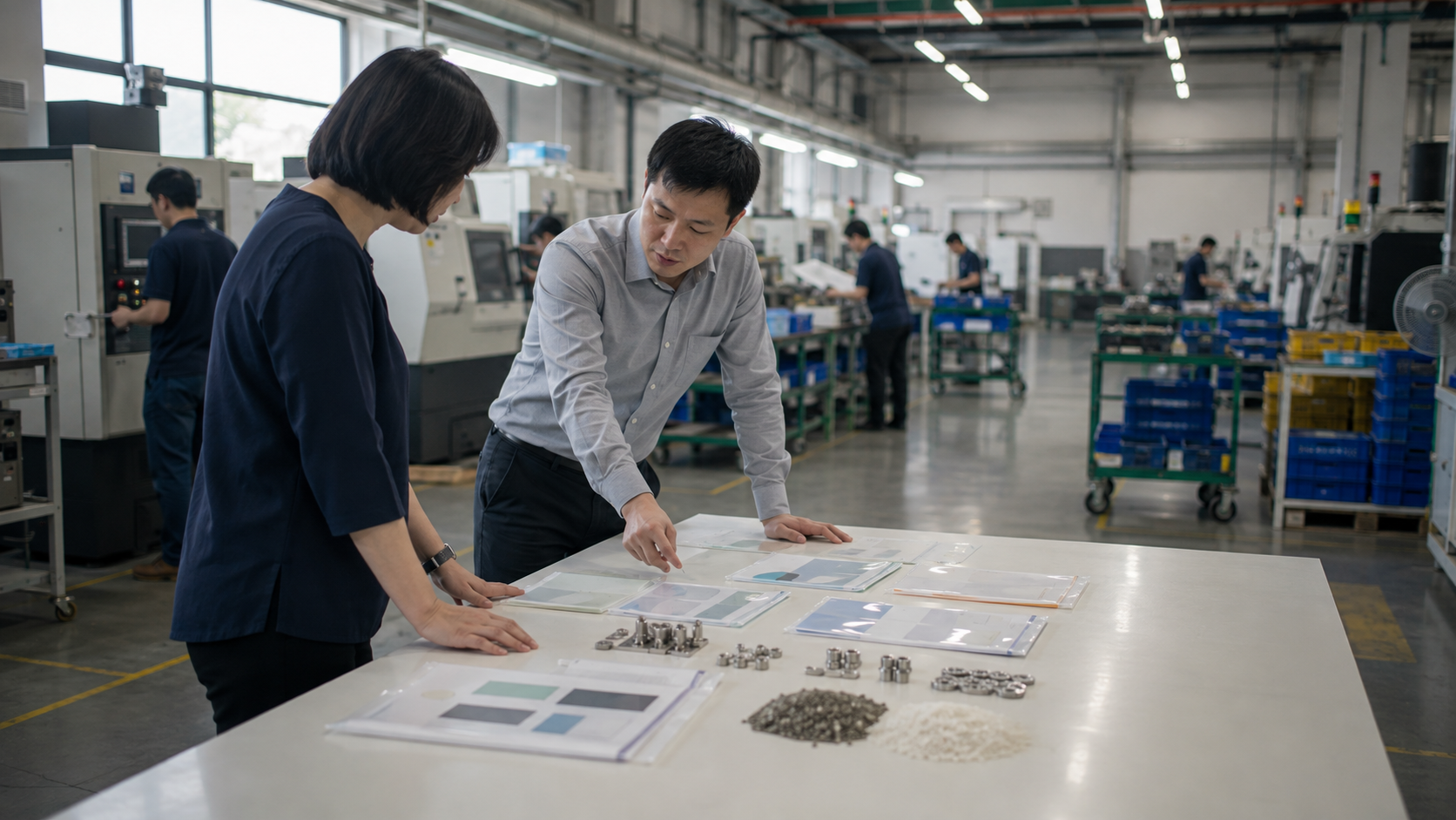 台灣企業負責人與財務主管在生產現場依採購及回款時程規劃購料融資與營運週轉資金。