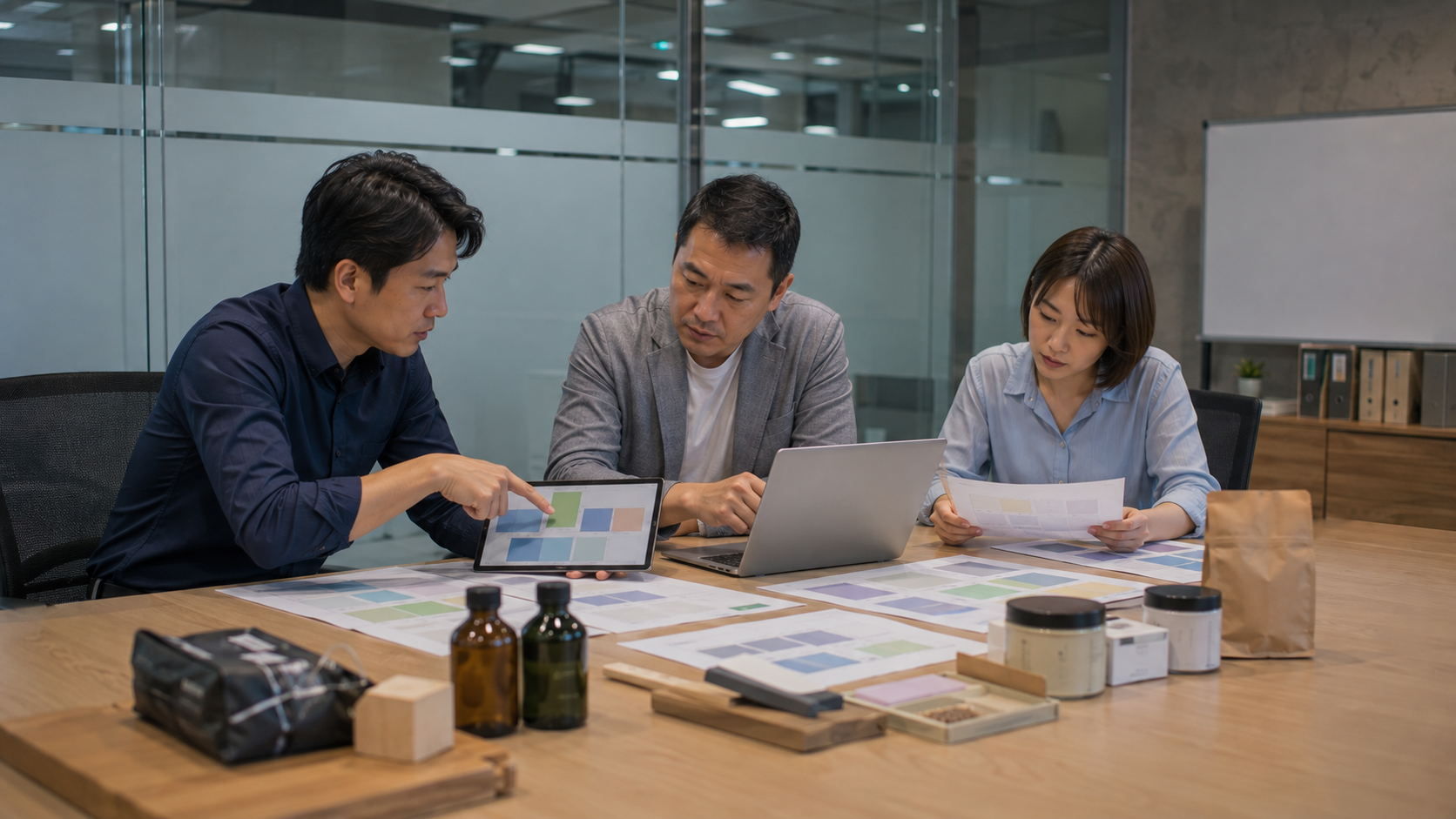 中小企業經營團隊於會議室比較週轉金需求與不同企業融資方案
