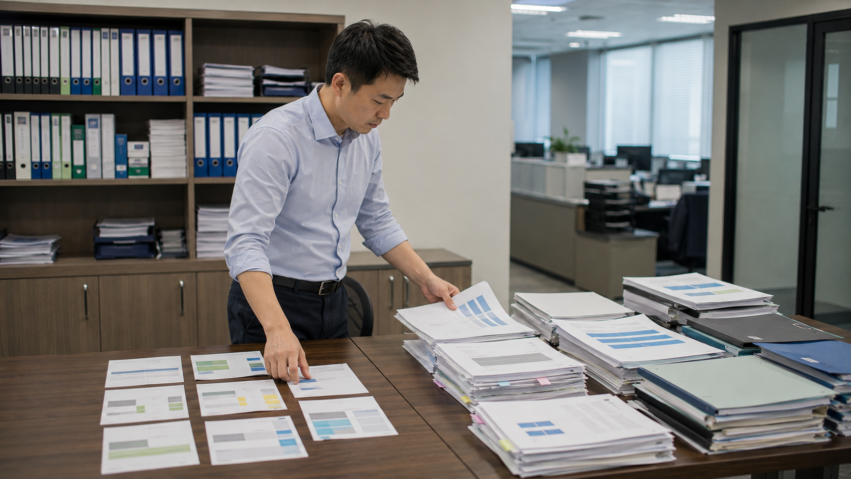 企業財務人員在辦公空間分別檢視月度營運資料與完整財務報表，理解月營收和季財報資訊差異