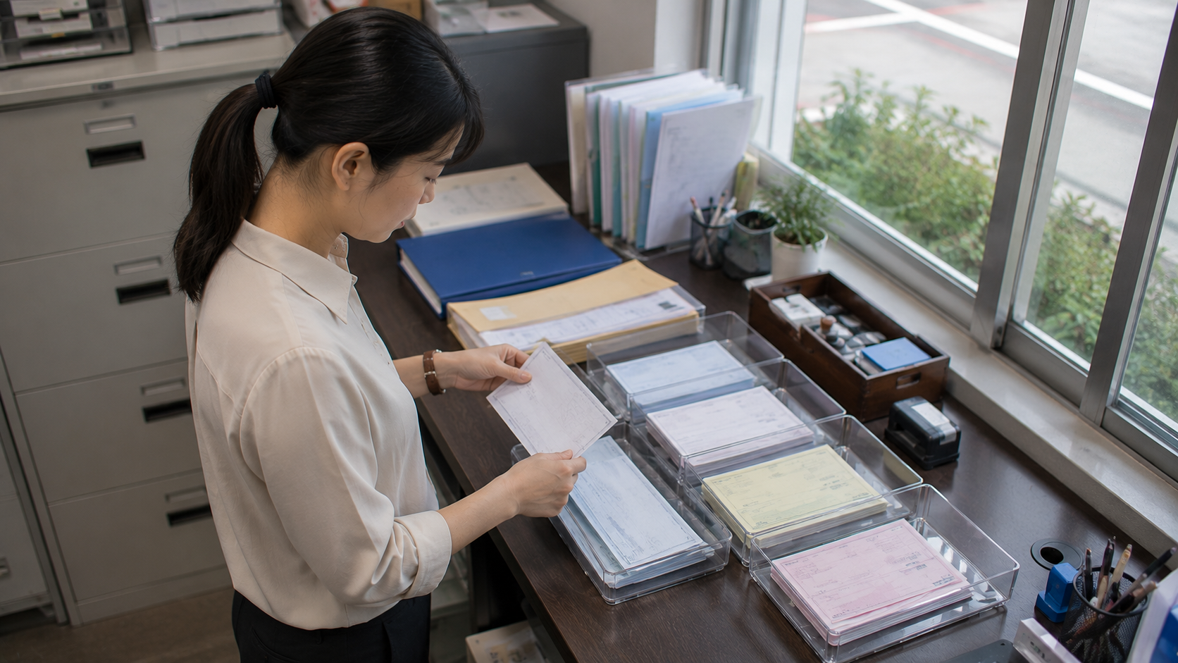 企業財務人員整理客戶交付的票據文件，辨識客票、支票與其他應收票據來源