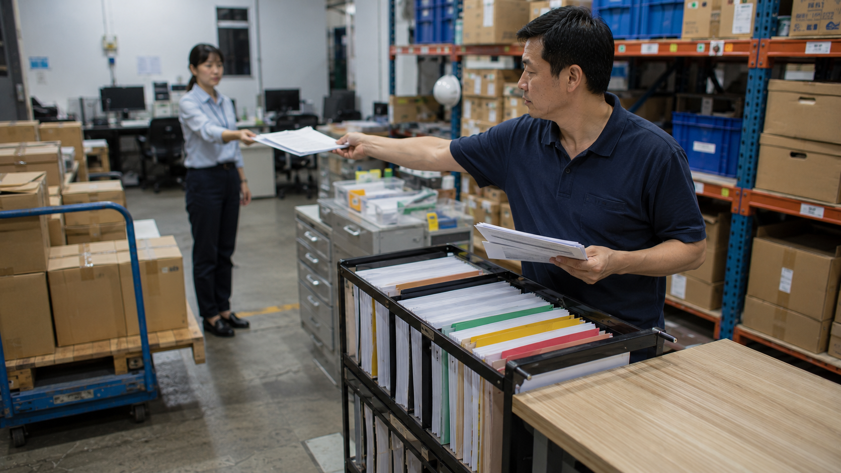 企業經營者與財務管理人員在倉儲行政區逐筆核對代付款與待收回文件，呈現其他應收款帳齡管理及回收行動。