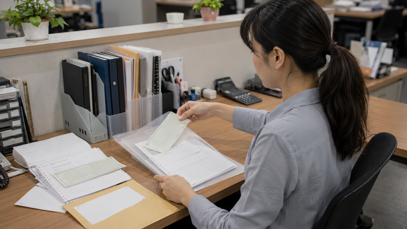 企業支票發生退票後，由財務人員整理退票票據與後續清償資料，說明退票紀錄與清償註記差異。