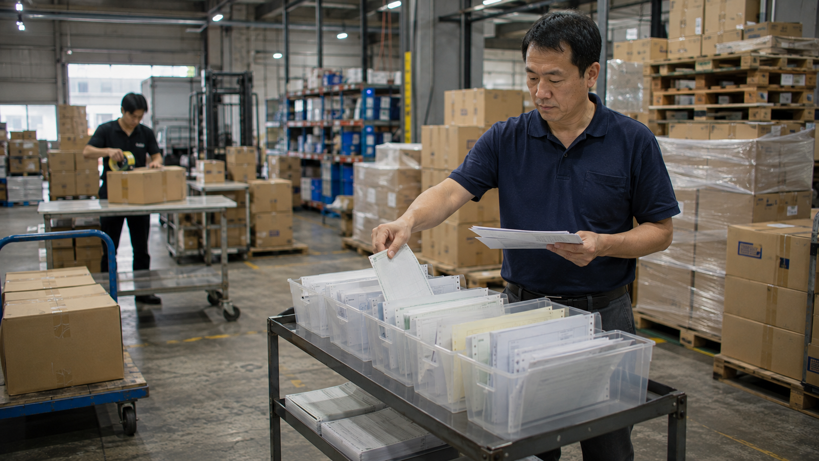 台灣中小企業負責人在倉儲出貨區整理客戶票據與交貨文件，提前盤點應收款與營運週轉需求。